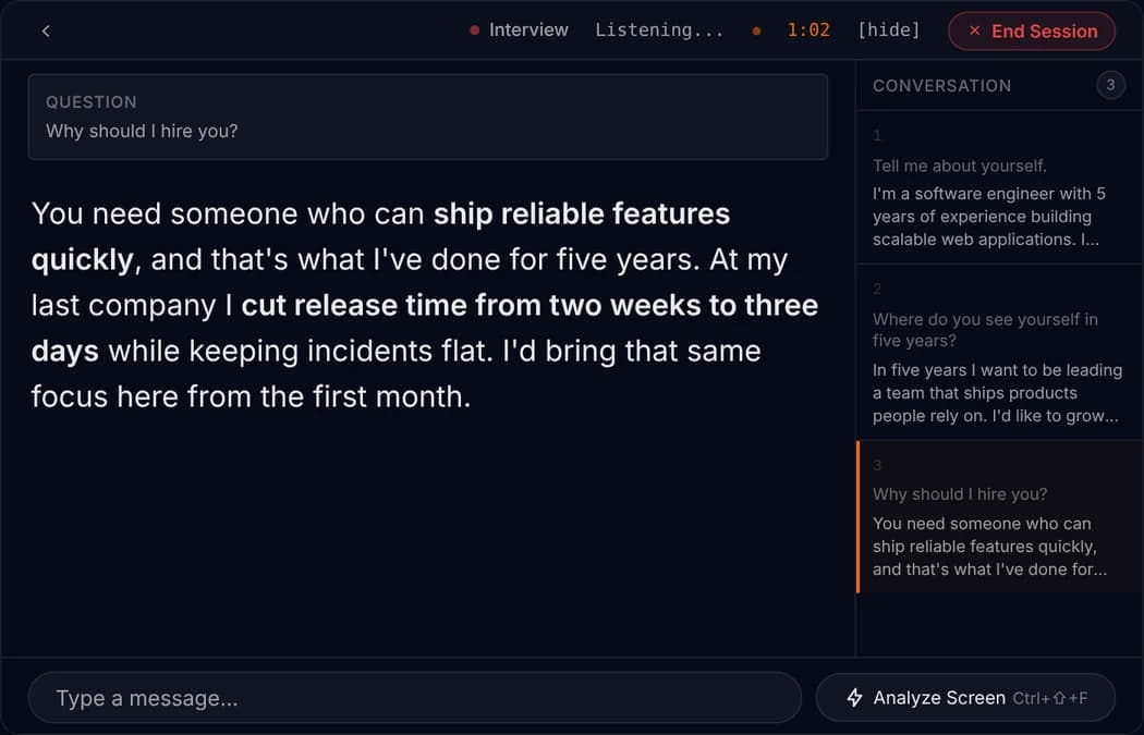 MuteHint's live session screen in the Interview profile, listening, with a timer at 1:02. The question reads: Why should I hire you? Below it is a three-sentence answer with two phrases in bold, and a Conversation panel on the right lists the three questions asked so far.
